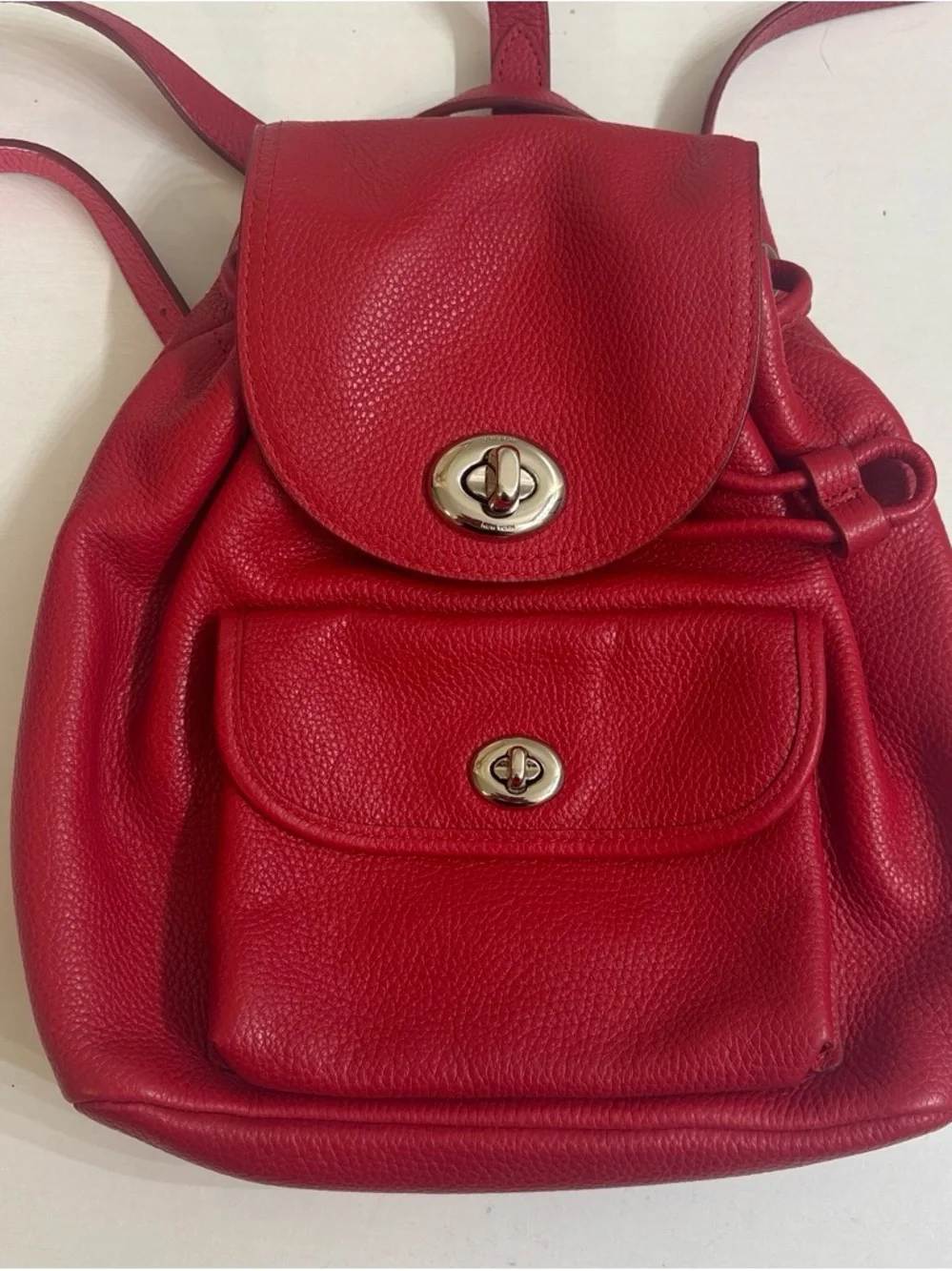 Coach Red Pebbled Leather Mini Backpack with Turn-Lock Front Pocket